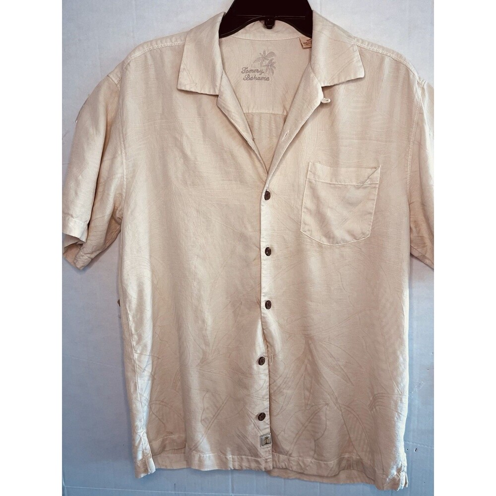 Tommy Bahama Mens  Small Cream Ivory 100% Silk Palm Jacquard Camp Shirt Hawaiian
